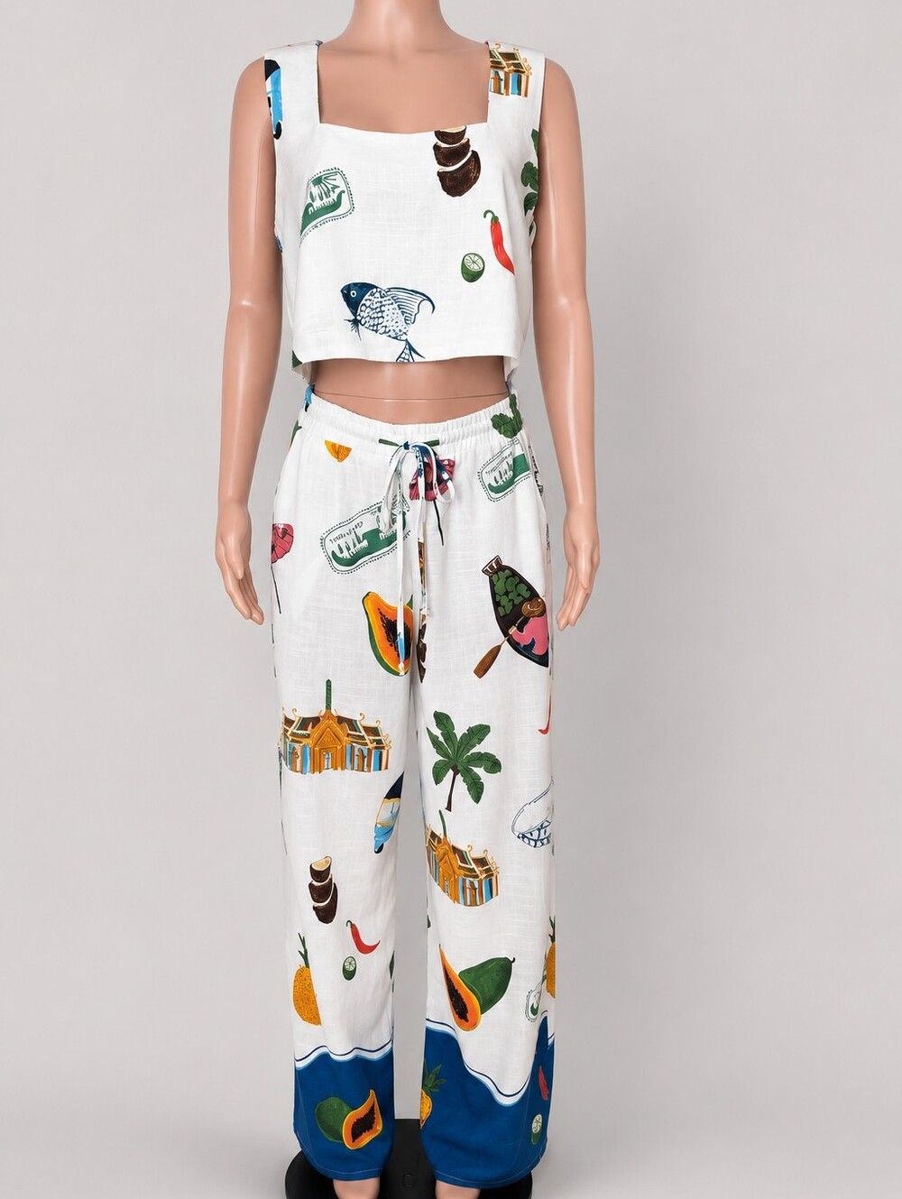 Paper Heart Anthropologie Thailand Graphic Linen Pant Set Large